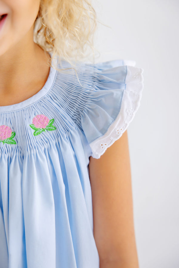 Angel Sleeve Sandy Smocked Dress - Buckhead Blue with Hydrangea Smocking