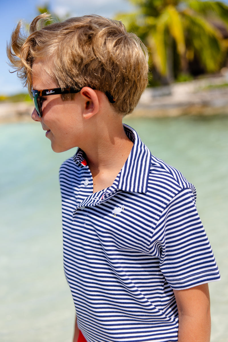 Prim & Proper Polo & Onesie - Nantucket Navy Stripe with Multicolor Stork