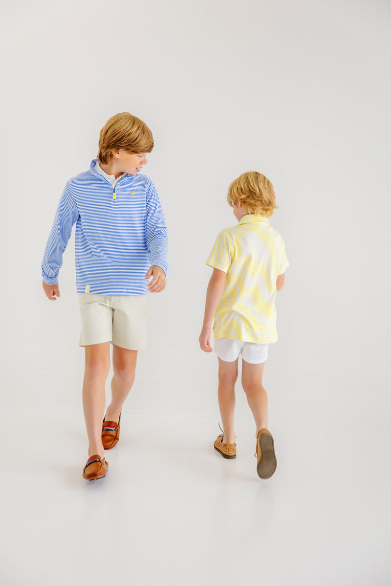Prim & Proper Polo & Onesie - Lake Worth Yellow Stripe with Barbados Blue Stork