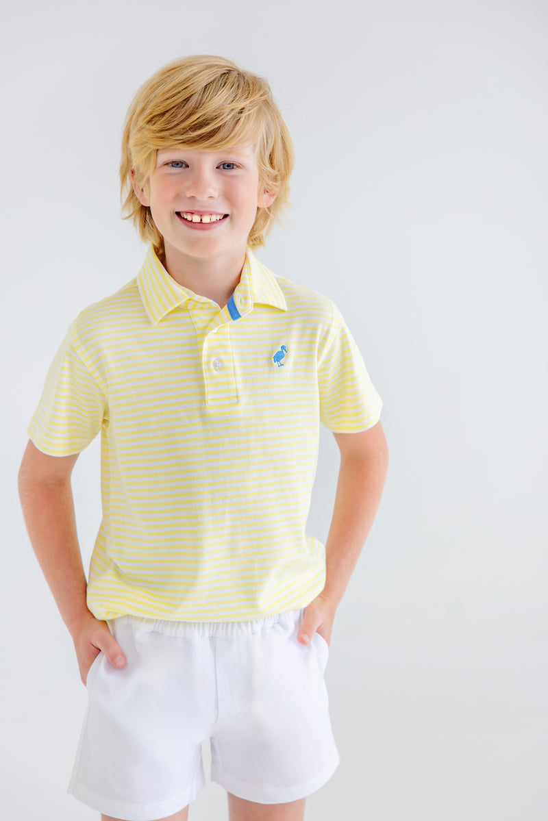 Prim & Proper Polo & Onesie - Lake Worth Yellow Stripe with Barbados Blue Stork