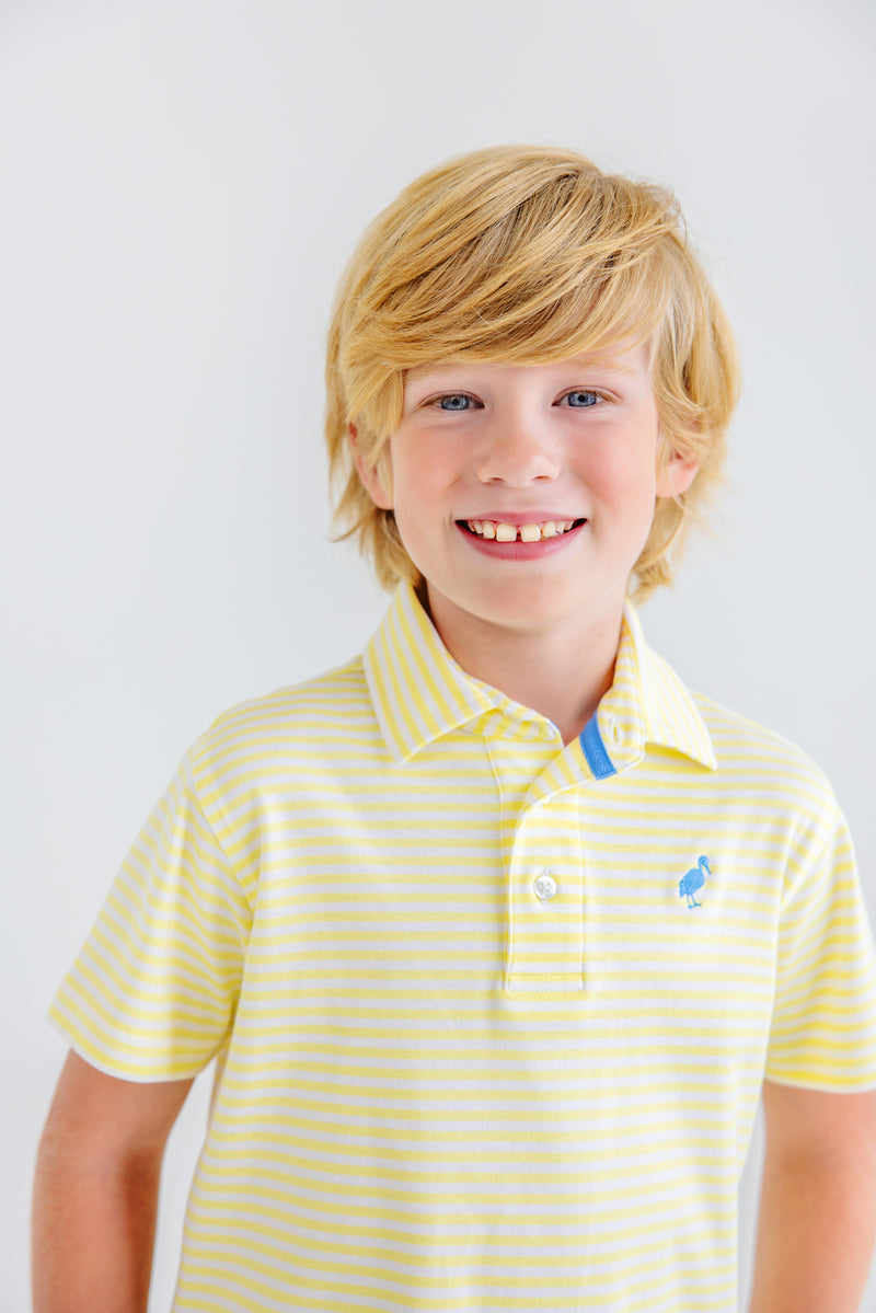 Prim & Proper Polo & Onesie - Lake Worth Yellow Stripe with Barbados Blue Stork