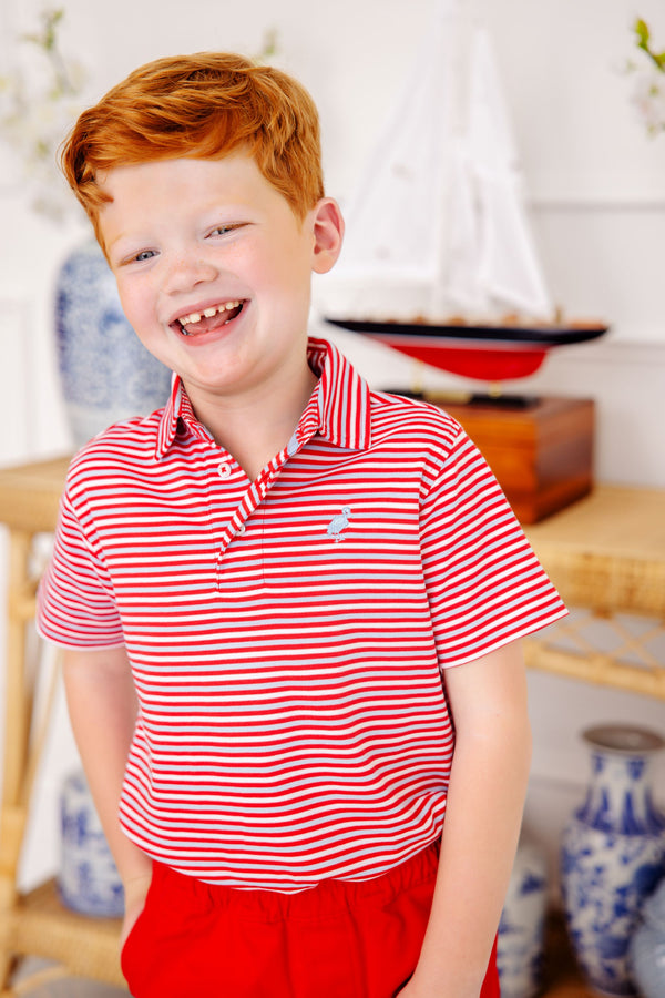 Prim & Proper Polo & Onesie - Sumner County Stripe (Richmond Red) with Beale Street Blue Stork