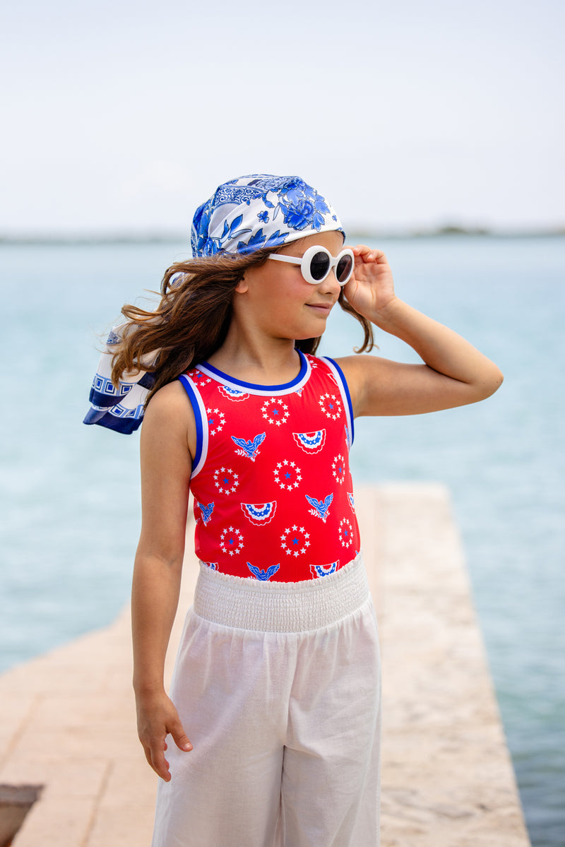 Samantha Swimsuit - Star Spangled Swag with Rockefeller Royal & Worth Avenue White