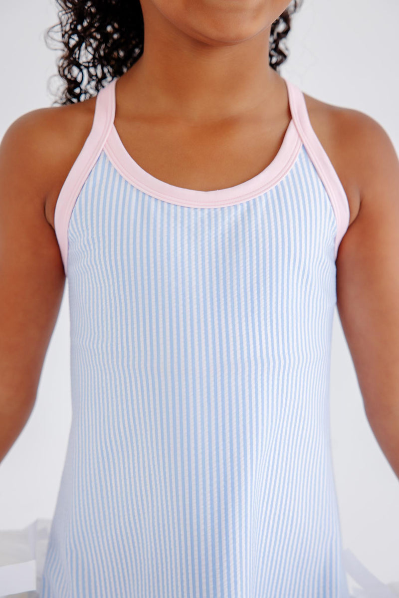 Prepletic™ Little Miss Tennis Dress - Beale Street Blue Seersucker with Palm Beach Pink