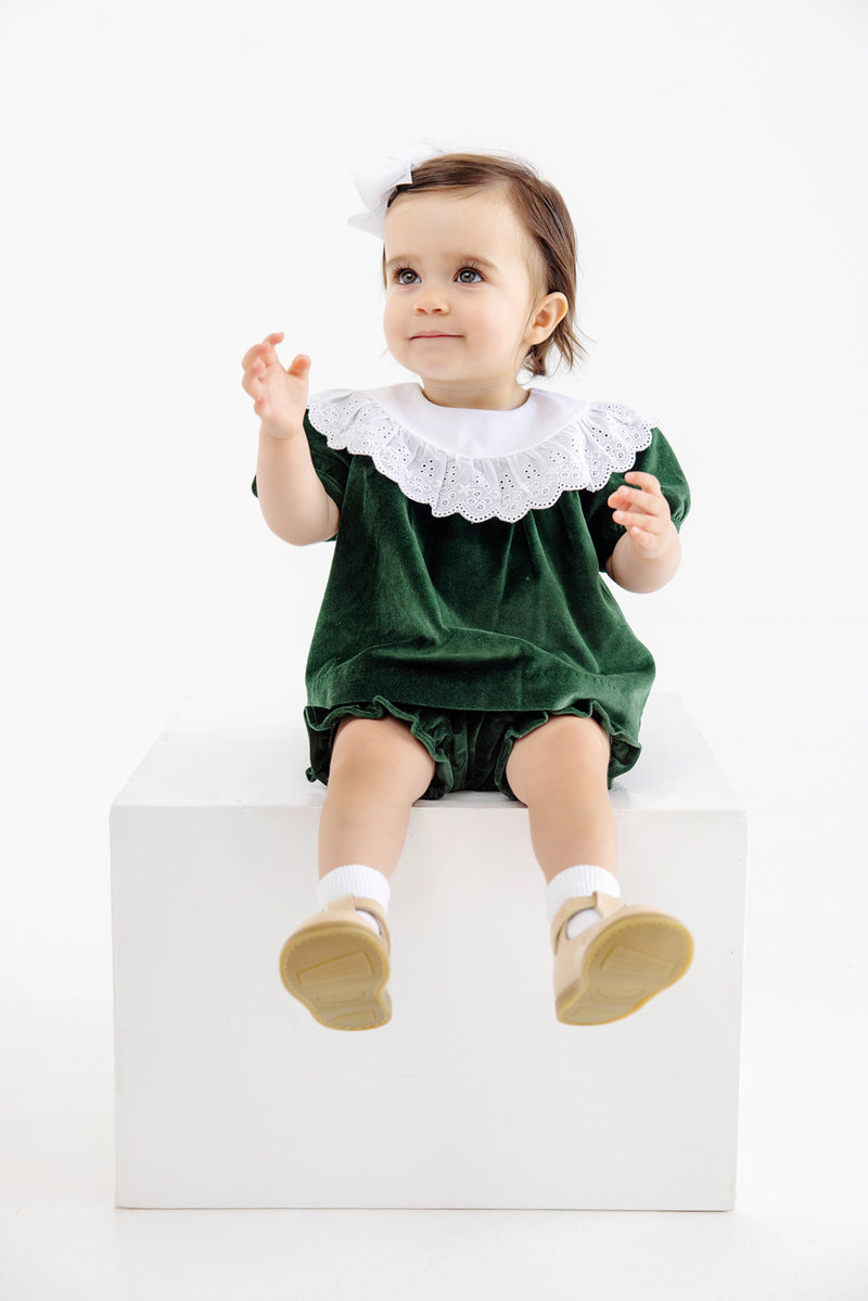 Short Sleeve Bon Air Bloomer Set - Grier Green Velveteen with Worth Avenue White