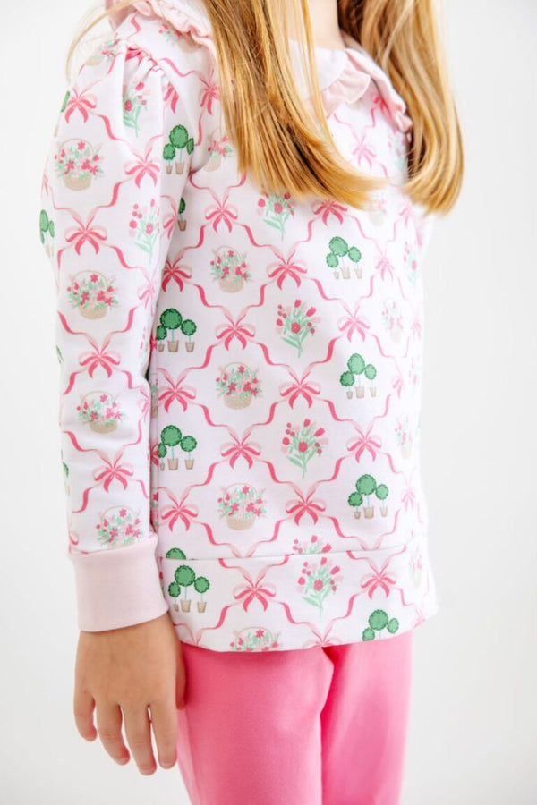 Maude's Ruffle Cassidy Comfy Crewneck - Boxwoods & Bows with Worth Avenue White & Palm Beach Pink