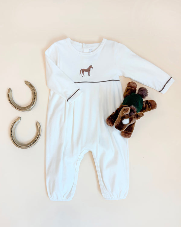 Long Sleeve Bradford Romper - Palmetto Pearl with Gray Bay Brown & Horse Embroidery