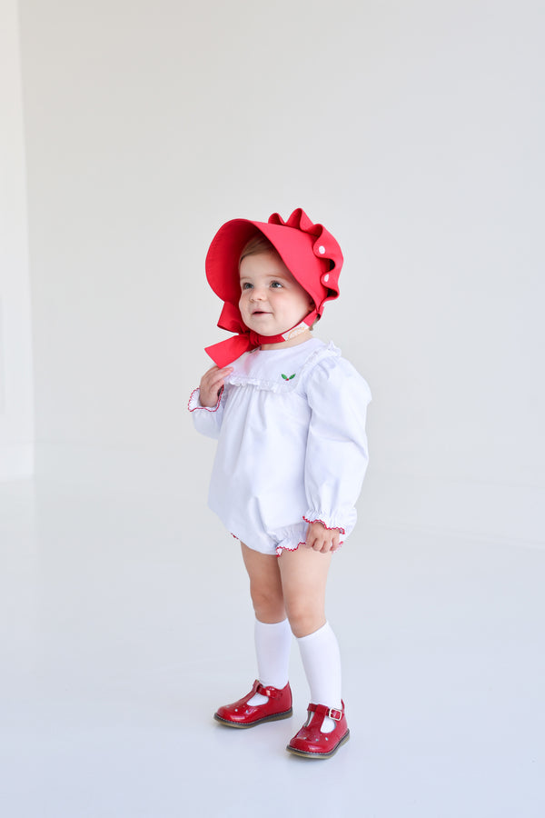 Long Sleeve Bea Louise Bubble - Worth Avenue White with Richmond Red & Holly Embroidery