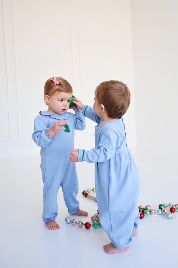Long Sleeve Ramona Ruffle Romper - Barrington Blue with Christmas Tree Embroidery