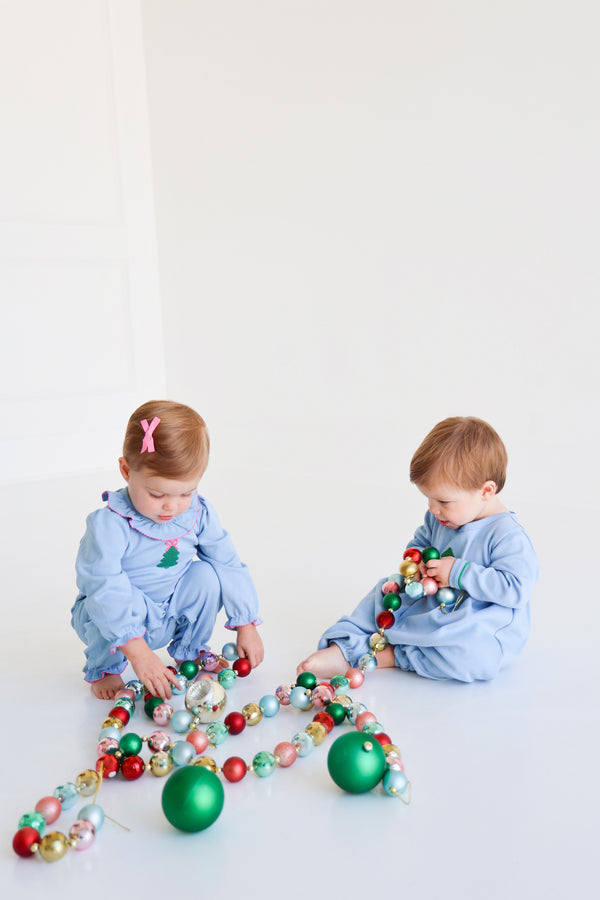 Long Sleeve Bradford Romper - Barrington Blue with Kiawah Kelly Green & Christmas Tree Embroidery