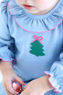 Long Sleeve Ramona Ruffle Romper - Barrington Blue with Christmas Tree Embroidery