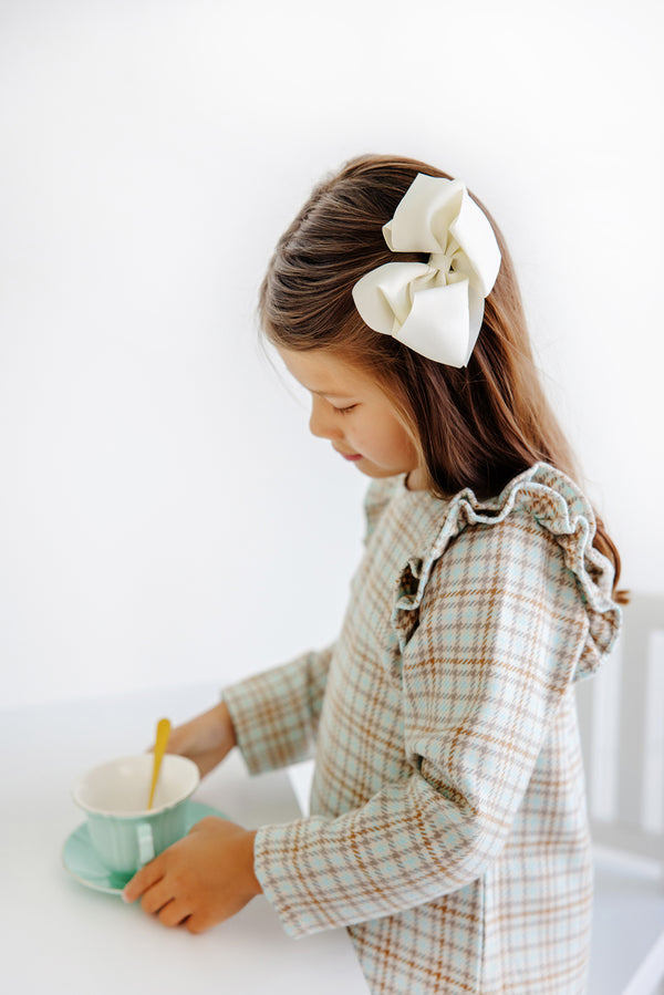 Long Sleeve Ruehling Ruffle Dress - Henry Clay Houndstooth (Edisto Egg Blue)