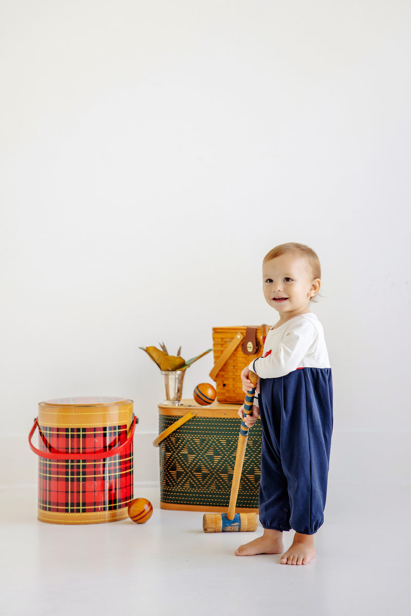 Long Sleeve Bradford Romper - Palmetto Pearl, Nantucket Navy, & Richmond Red with Quail Embroidery