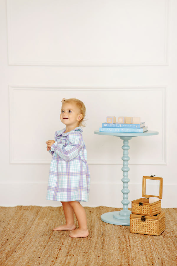 Long Sleeve Maerin Fritz Frock - Bridge Club Hustle Houndstooth (Edisto Egg Blue) with Palisades Purple