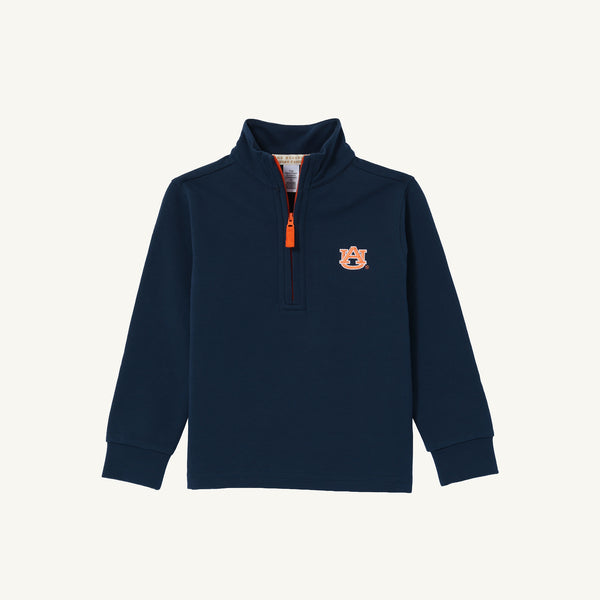 The Beaufort Bonnet Company Auburn Hayword Half-Zip in Auburn Blue with Auburn Orange features long sleeves, an orange zipper, and an embroidered Auburn University logo on the left chest—ideal for layering on War Eagle gameday. Displayed on a plain white background.