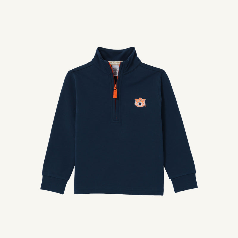 The Beaufort Bonnet Company Auburn Hayword Half-Zip in Auburn Blue with Auburn Orange features long sleeves, an orange zipper, and an embroidered Auburn University logo on the left chest—ideal for layering on War Eagle gameday. Displayed on a plain white background.
