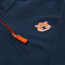 The Beaufort Bonnet Company’s Auburn Hayword Half-Zip in Auburn Blue with Auburn Orange features an orange zipper and an embroidered interlocking orange AU logo on the chest—perfect for game day layering.