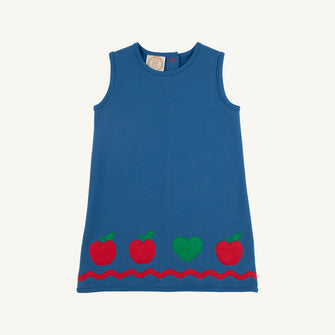 Embroidery result for: Annie Apron Dress - Wood Boat Blue with Richmond Red & Apples and Heart Appliques