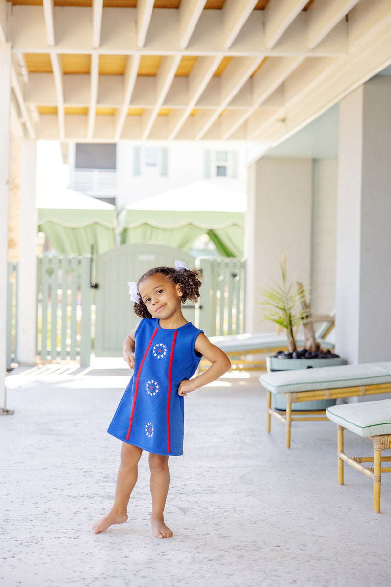 Annie Apron Dress - Rockefeller Royal Blue & Richmond Red with Star Appliques