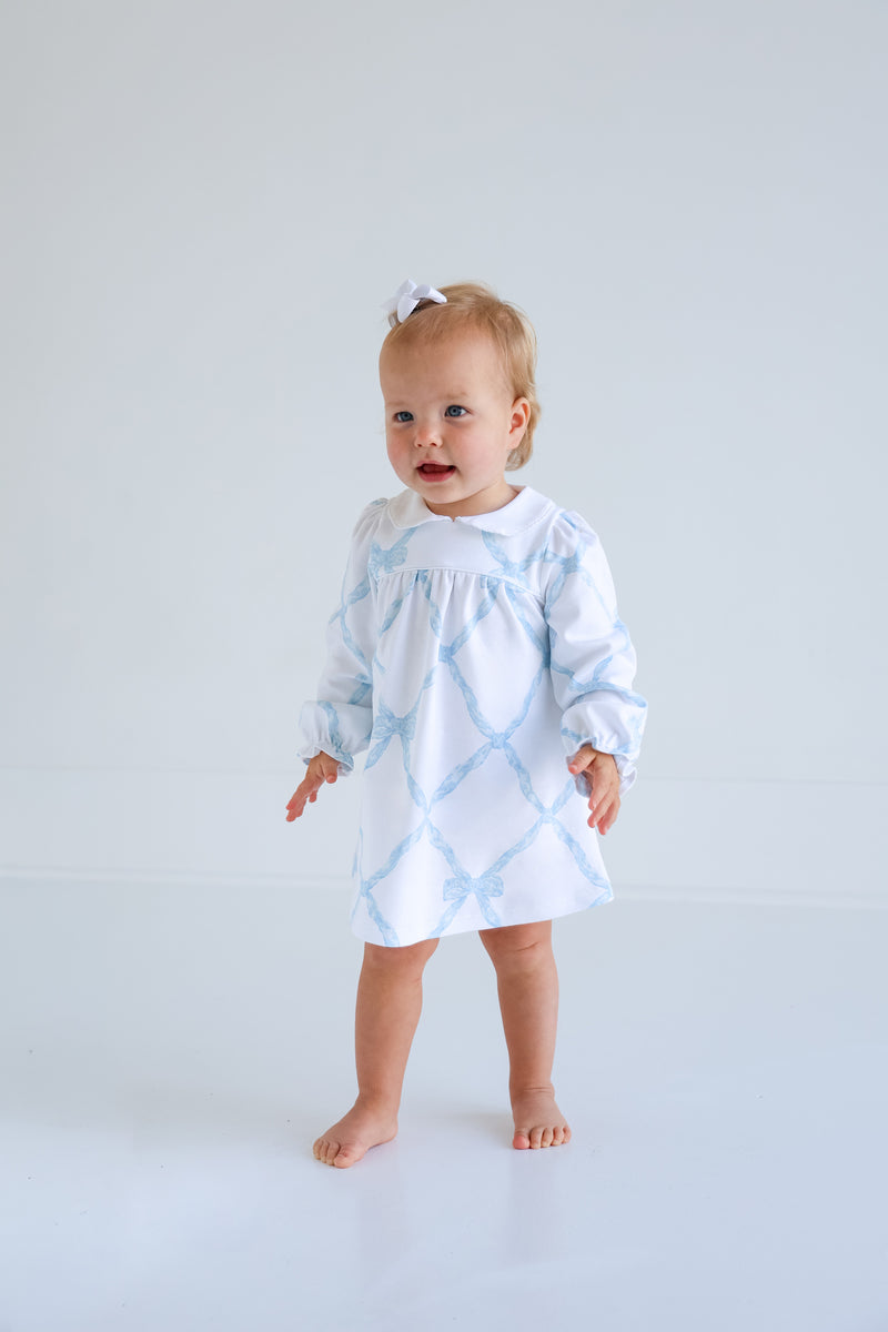 Long Sleeve Holly Day Dress - Belle Meade Bow (Buckhead Blue) with Worth Avenue White