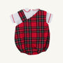 A Barr Clay Bubble - Society Prep Plaid with Worth Avenue White & Richmond Red bubble romper worn over a white short-sleeved Peter Pan collar shirt with red trim.