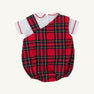 A Barr Clay Bubble - Society Prep Plaid with Worth Avenue White & Richmond Red bubble romper worn over a white short-sleeved Peter Pan collar shirt with red trim.