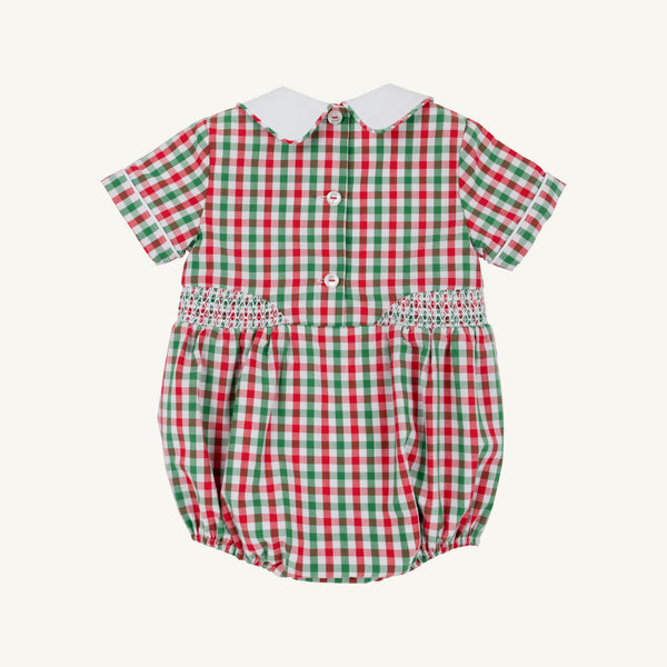 Brentley Bubble by The Beaufort Bonnet Company—a short-sleeved Christmas baby romper featuring a Richmond Red & Kiawah Kelly Green gingham pattern, a white Peter Pan collar, back buttons, and smocked detailing at the waist.