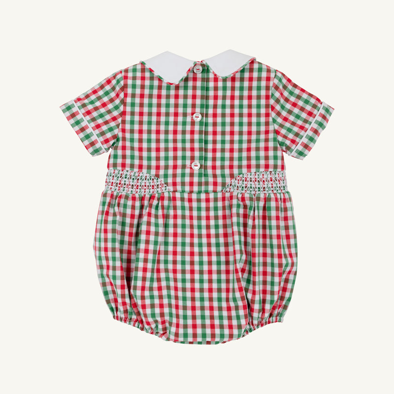 Brentley Bubble by The Beaufort Bonnet Company—a short-sleeved Christmas baby romper featuring a Richmond Red & Kiawah Kelly Green gingham pattern, a white Peter Pan collar, back buttons, and smocked detailing at the waist.