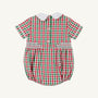 Brentley Bubble by The Beaufort Bonnet Company—a short-sleeved Christmas baby romper featuring a Richmond Red & Kiawah Kelly Green gingham pattern, a white Peter Pan collar, back buttons, and smocked detailing at the waist.