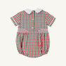 Brentley Bubble by The Beaufort Bonnet Company—a short-sleeved Christmas baby romper featuring a Richmond Red & Kiawah Kelly Green gingham pattern, a white Peter Pan collar, back buttons, and smocked detailing at the waist.