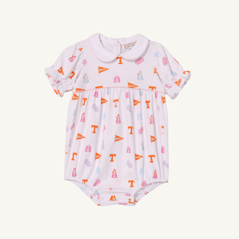 Introducing the Tennessee Britt Bubble - Victory in Orange with Palm Beach Pink by The Beaufort Bonnet Company. This white baby romper features short sleeves, a classic Peter Pan collar, and an allover print of orange, pink, and purple Tennessee-themed icons—including the letter T, pennants, and football helmets. Made from soft Pima Cotton in the signature Tennessee Britt Bubble style for ultimate comfort—perfect for celebrating Victory in Orange!.