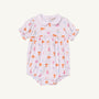 Introducing the Tennessee Britt Bubble - Victory in Orange with Palm Beach Pink by The Beaufort Bonnet Company. This white baby romper features short sleeves, a classic Peter Pan collar, and an allover print of orange, pink, and purple Tennessee-themed icons—including the letter T, pennants, and football helmets. Made from soft Pima Cotton in the signature Tennessee Britt Bubble style for ultimate comfort—perfect for celebrating Victory in Orange!.