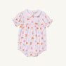 Introducing the Tennessee Britt Bubble - Victory in Orange with Palm Beach Pink by The Beaufort Bonnet Company. This white baby romper features short sleeves, a classic Peter Pan collar, and an allover print of orange, pink, and purple Tennessee-themed icons—including the letter T, pennants, and football helmets. Made from soft Pima Cotton in the signature Tennessee Britt Bubble style for ultimate comfort—perfect for celebrating Victory in Orange!.