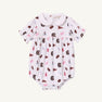 The Beaufort Bonnet Company’s USC Britt Bubble - South Carolina Spirit with Palm Beach Pink is a white baby romper with short sleeves and a Peter Pan collar, crafted from soft Pima Cotton. It features an all-over print of maroon, pink, and brown sports-related icons—including pennants, foam fingers, and megaphones—for a charming display of South Carolina Spirit.