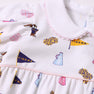 LSU Britt Bubble - Tenacious Tigers with Palm Beach Pink by The Beaufort Bonnet Company: A white pima cotton bubble featuring a playful Tenacious Tigers print with LSU and Tigers flags, pom-poms, and megaphones in purple, gold, and pink. This design includes puffed sleeves, a Peter Pan collar, light pink trim at the waist, and is crafted for comfort and Southern charm.