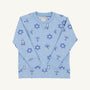 Introducing the Cassidy Comfy Crewneck - Eight Nights to Remember with Barbados Blue by The Beaufort Bonnet Company: a light blue, ultra-comfy kids’ sweatshirt adorned with playful blue Stars of David, dreidels, menorahs, and small white snowflakes. Displayed on a plain white background, this Hanukkah sweater is the perfect holiday choice for children.