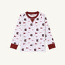 The Beaufort Bonnet Company’s USC Cassidy Comfy Crewneck – South Carolina Spirit with South Carolina Burgundy features long sleeves and a white base, accented by burgundy cuffs and collar. The shirt is patterned with maroon University of South Carolina logos, pennants, and “USC” text, making it perfect for showing your Gamecock pride. Displayed here laid flat on a plain light background.