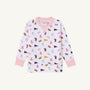 Cheer on the Tenacious Tigers in style with The Beaufort Bonnet Company’s LSU Cassidy Comfy Crewneck, featuring playful prints of cheerleaders, pennants, megaphones, and pom-poms on a white background, accented by Palm Beach Pink cuffs, collar, and hem—perfect for showing your school spirit!.