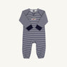Cassidy Comfy Crewneck Romper in Nantucket Navy Stripe with long sleeves, long legs, navy cuffs, and a small colorful wagon embroidery on the chest by The Beaufort Bonnet Company, laid flat on a white background.