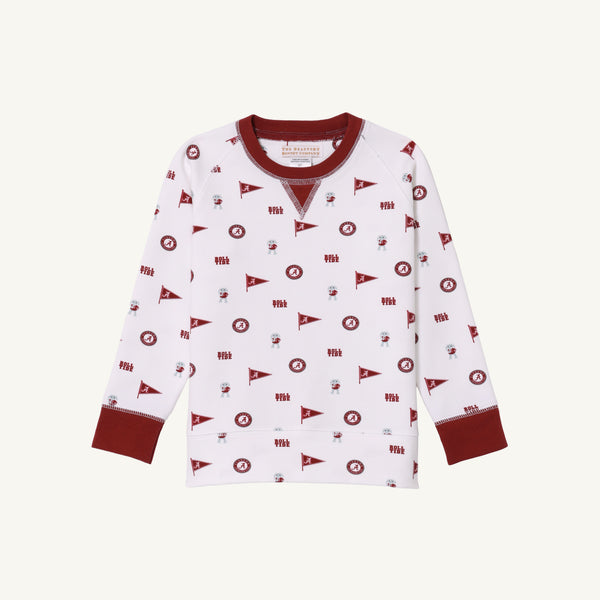 Alabama Cassidy Comfy Crewneck - Sweet Home Honey with Alabama Crimson by The Beaufort Bonnet Company: a long-sleeve children’s shirt in white, featuring maroon cuffs and collar and decorated with a repeating pattern of maroon and gray flag and circular crest prints inspired by classic Alabama Crimson style.