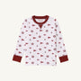 Alabama Cassidy Comfy Crewneck - Sweet Home Honey with Alabama Crimson by The Beaufort Bonnet Company: a long-sleeve children’s shirt in white, featuring maroon cuffs and collar and decorated with a repeating pattern of maroon and gray flag and circular crest prints inspired by classic Alabama Crimson style.