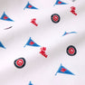 White fabric patterned with blue pennants marked with “M”, red Ole Miss lettering, and round University of Mississippi logos, all evenly spaced across the surface—perfect for creating The Beaufort Bonnet Company’s Ole Miss Cassidy Comfy Crewneck - Gawsh Almighty with Nantucket Navy.