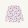 Introducing the USC Cassidy Comfy Crewneck - South Carolina Spirit with Palm Beach Pink by The Beaufort Bonnet Company: a white long-sleeve sweatshirt accented with pink cuffs and collar, decorated in a scattered pattern of small maroon and pink icons—including pennants, letters, dresses, clouds, and ships. This gameday-ready sweater is perfect for showing off your South Carolina spirit!.