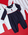 Long Sleeve Bradford Romper - Nantucket Navy & Worth Avenue White with Soldier Embroidery featuring a long-sleeve navy and white Pima Cotton Knit romper with a royal guard soldier embroidered on the chest.