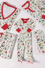 Five pieces of matching family pajamas from The Beaufort Bonnet Company’s Knox’s Night Night - 12 Days of Christmas with Richmond Red collection, featuring festive holiday prints and red trim. The set includes a Pima cotton baby onesie, adult top and pants, and kids’ top and pants, all laid flat on a white background—a cozy holiday sleepwear set perfect for the whole family.