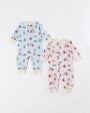 Two Paxton Playsuits from The Beaufort Bonnet Company—one in Christmastime Cuties (Blue) with Palmetto Pearl and one in pink—each featuring an adorable animal and floral print, displayed on a white background; perfect as cozy Pima Cotton playsuits or festive holiday baby outfits.