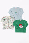 Three children’s sweatshirts from The Beaufort Bonnet Company are laid flat on a white background: one pale blue “Cassidy Comfy Crewneck - 12 Days of Christmas” featuring a nutcracker graphic, one green quilted crewneck with a Santa face, and one cream holiday party top with a colorful holiday-themed pattern.