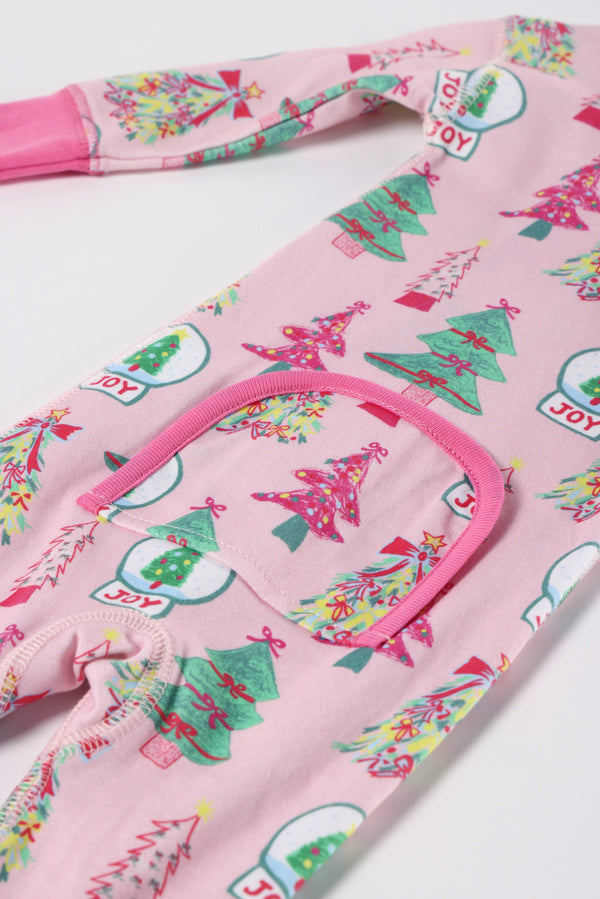 Fallon Footie Pajamas - Christmas Coloring Contest with Winter Park Pink cotton footie pajamas with a pattern of holiday trees and snow globes featuring the word JOY.