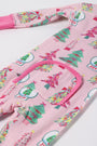 Fallon Footie Pajamas - Christmas Coloring Contest with Winter Park Pink cotton footie pajamas with a pattern of holiday trees and snow globes featuring the word JOY.