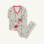 The Beaufort Bonnet Company’s Coastal Living Lounge Set - 12 Days of Christmas with Richmond Red features a long-sleeve, V-neck design with red trim and a bow, showcasing a festive holiday print filled with ornaments, gingerbread men, and candy canes on a soft white Pima Cotton background. This cozy pajama set combines seasonal cheer with ultimate comfort.